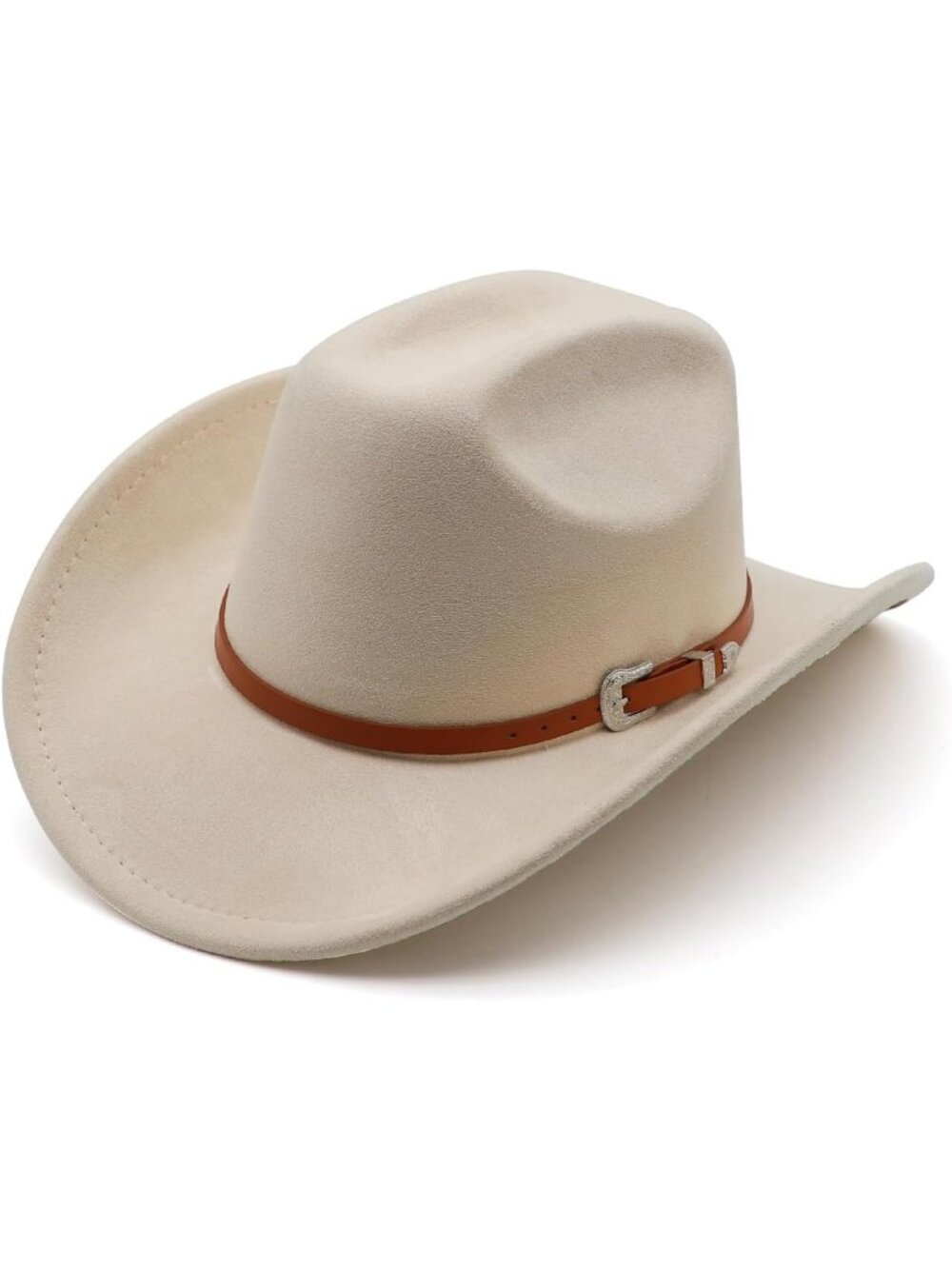 Unisex Beige Wide Brim Felt Fedora Buckle Belt Cowgirl Western Cowboy Hat